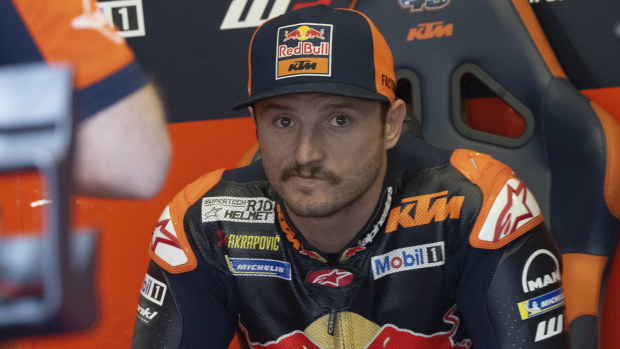 Jack Miller of Australia and Red Bull KTM Factory Racing looks on in box during the MotoGp qualifying practice during the MotoGP Of Italy - Qualifying  at Mugello Circuit on June 01, 2024 in Scarperia, Italy. (Photo by Mirco Lazzari gp/Getty Images)