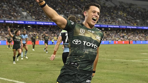 TOWNSVILLE, AUSTRALIA - APRIL 24: Scott Drinkwater of the Cowboys celebrates the try of Murray Taulagi of the Cowboysduring the round eight NRL match between North Queensland Cowboys and Cronulla Sharks at Qld Country Bank Stadium, on April 24, 2026, in Townsville, Australia. (Photo by Ian Hitchcock/Getty Images)