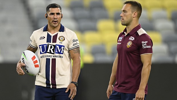 TOWNSVILLE, AUSTRALIA - APRIL 16: Luke Brooks and Jamal Fogarty of the Sea Eagles look on before the start of the round seven NRL match between North Queensland Cowboys and Manly Sea Eagles at Qld Country Bank Stadium, on April 16, 2026, in Townsville, Australia. (Photo by Ian Hitchcock/Getty Images)