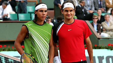 The rivalry begins: French Open 2005 semi-finals v Rafael Nadal (L)