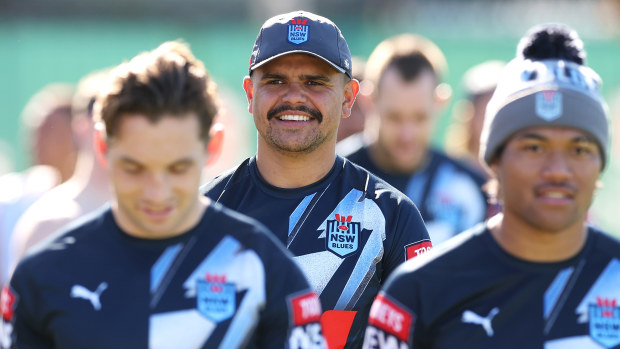 Latrell Mitchell smiles at New South Wales Blues State of Origin training.