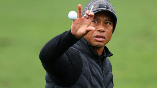 AUGUSTA, GEORGIA - APRIL 08: Tiger Woods of the United States catches a ball on the practice area during the third round of the 2023 Masters Tournament at Augusta National Golf Club on April 08, 2023 in Augusta, Georgia. (Photo by Andrew Redington/Getty Images)