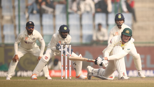 Matthew Renshaw of Australia is out LBW to Ravichandran Ashwin of India during day three of the Second Test match in the series between India and Australia at Arun Jaitley Stadium on February 19, 2023 in Delhi, India. (Photo by Robert Cianflone/Getty Images)