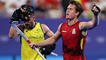 Tom Boon of Team Belgium celebrates scoring his team's sixth goal, his hat-trick, during the Men's Pool B match between Australia and Belgium on day four of the Olympic Games Paris 2024 at Stade Yves Du Manoir on July 30, 2024 in Paris, France. (Photo by Michael Reaves/Getty Images)