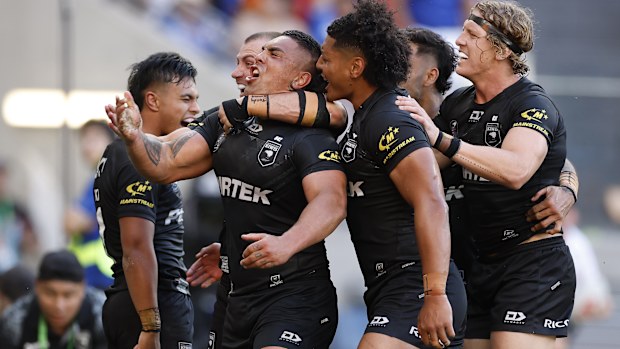 Erin Clark celebrates during the Men's Pacific Championships Final match between New Zealand Kiwis and Toa Samoa.