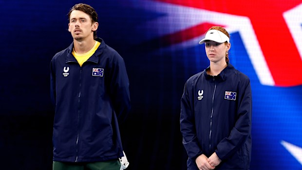 Alex de Minaur and Maya Joint stand for the national anthem at Ken Rosewall Arena ahead of Australia's United Cup quarter-final clash with Poland.