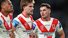 SYDNEY, AUSTRALIA - APRIL 18: Kyle Flanagan of the Dragons and team mates look dejected during the round seven NRL match between South Sydney Rabbitohs and St George Illawarra Dragons at Accor Stadium, on April 18, 2026, in Sydney, Australia. (Photo by Cameron Spencer/Getty Images)