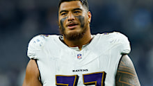 INGLEWOOD, CA - NOVEMBER 25: Baltimore Ravens offensive tackle Daniel Faalele (77) leaves the football field after the NFL game between the Baltimore Ravens and the Los Angeles Chargers on November 25, 2024, at SoFi Stadium in Inglewood, CA. (Photo by Jordon Kelly/Icon Sportswire via Getty Images)
