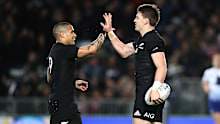Aaron Smith and Beauden Barrett high five at Eden Park.