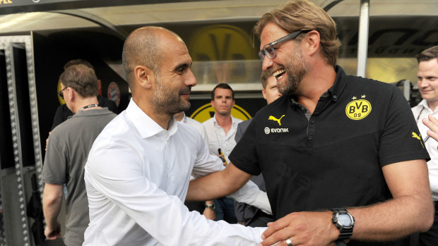 2013: Borussia Dortmund coach Pep Guardiola and Bayern München coach Jürgen Klopp.
