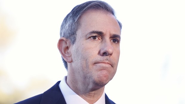 Treasurer Jim Chalmers speaks with the media on arrival to Australian Parliament House ahead of handing down the 2026 budget on May 12, 2026 in Canberra, Australia.