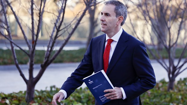 Treasurer Jim Chalmers arrives at Australian Parliament House ahead of handing down the 2026 budget on May 12, 2026 in Canberra, Australia.