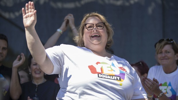 Comedian and advocate for same-sex marriage Magda Szubanski walks on stage after Australia votes 'Yes' at an event in Price Alfred Park on November 15, 2017 in Sydney, Australia. Australians were asked vote in the Australian Marriage Law Postal Survey whether the current laws should allow same-sex marriage.  (Photo by Cole Bennetts/Getty Images)