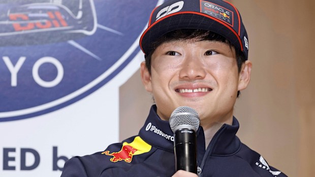 Red Bull driver Yuki Tsunoda of Japan smiles during a press conference in Tokyo, ahead of the Japanese Formula 1 Grand Prix, Wednesday, April 2, 2025.(Kyodo News via AP)