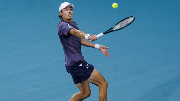 Alex De Minaur hits a backhand against Matteo Berrettini in their fourth-round match at the Miami Open.