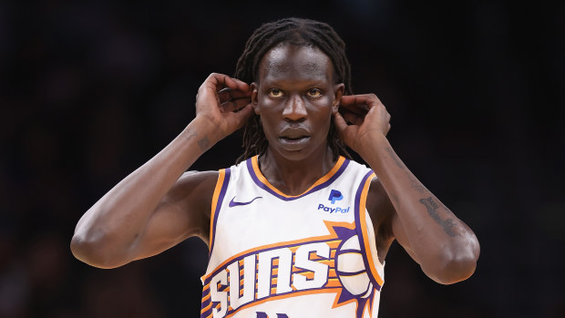 PHOENIX, ARIZONA - OCTOBER 10: Bol Bol #11 of the Phoenix Suns checks into the second half of the NBA game against the Denver Nuggets at Footprint Center on October 10, 2023 in Phoenix, Arizona. 