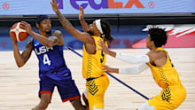 LAS VEGAS, NEVADA - JULY 12:  Bradley Beal #4 of the United States is guarded by Patty Mills #5 and Matisse Thybulle #22 of the Australia Boomers during an exhibition game at Michelob Ultra Arena ahead of the Tokyo Olympic Games on July 12, 2021 in Las Vegas, Nevada. Australia defeated the United States 91-83.  (Photo by Ethan Miller/Getty Images)
