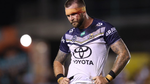 Kyle Feldt of the Cowboys walks off the field at haft-time during the round nine NRL match between Cronulla Sharks and North Queensland Cowboys at PointsBet Stadium on April 27, 2023 in Sydney, Australia. (Photo by Cameron Spencer/Getty Images)