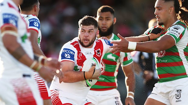 Blake Lawrie is tackled during the round 15 match between St George Illawarra Dragons and South Sydney Rabbitohs at Netstrata Jubilee Stadium on June 10, 2023 in Sydney, Australia. 