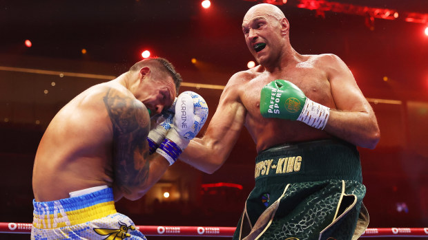 Tyson Fury punches Oleksandr Usyk during the IBF, WBA, WBC, WBO and Undisputed Heavyweight titles' fight between Tyson Fury and Oleksandr Usyk at Kingdom Arena on May 18, 2024 in Riyadh, Saudi Arabia. (Photo by Richard Pelham/Getty Images)