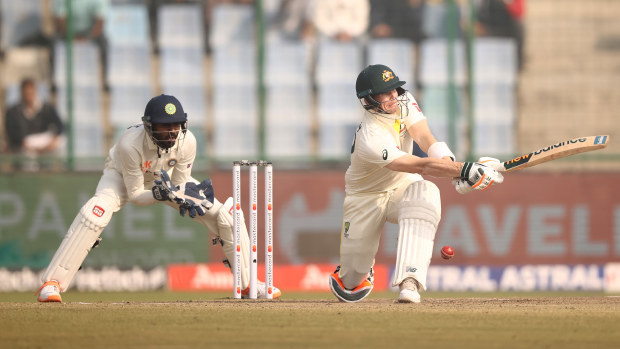 Steve Smith of Australia is out LBW by Ravichandran Ashwin of India during day three of the Second Test match in the series between India and Australia at Arun Jaitley Stadium on February 19, 2023 in Delhi, India. (Photo by Robert Cianflone/Getty Images)