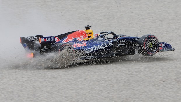 Red Bull driver Max Verstappen of the Netherlands spins off the track during the qualifying session for the Australian Formula One Grand Prix at Albert Park, in Melbourne, Australia, Saturday, March 7, 2026. (AP Photo/Asanka Brendon Ratnayake)