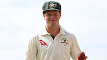 Matt Kuhnemann celebrates after taking five wickets against Sri Lanka. 