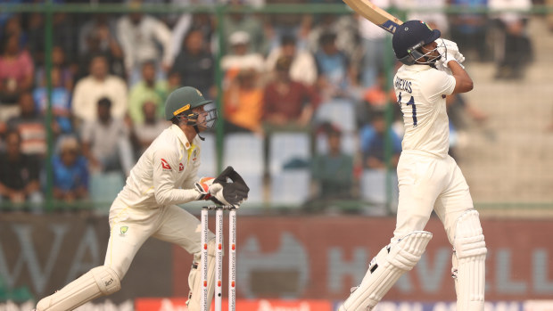 Shreyas Iyer of India hits out during day three of the Second Test match in the series between India and Australia at Arun Jaitley Stadium on February 19, 2023 in Delhi, India. (Photo by Robert Cianflone/Getty Images)