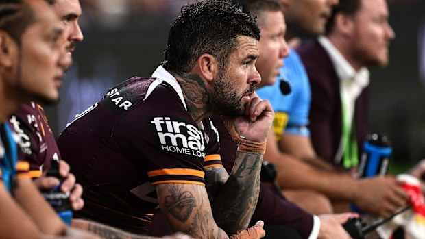 Adam Reynolds of the Broncos is seen watching on from the sideline during the round five NRL match between Brisbane Broncos and Wests Tigers at Suncorp Stadium, on April 05, 2025, in Brisbane, Australia. (Photo by Bradley Kanaris/Getty Images)