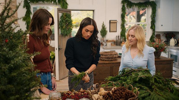 With Love, Meghan: Holiday Celebration. (L to R) Kelly Zajfen, Meghan Sussex, Lindsay Roth in With Love, Meghan: Holiday Celebration. Cr. Courtesy of Netflix © 2025