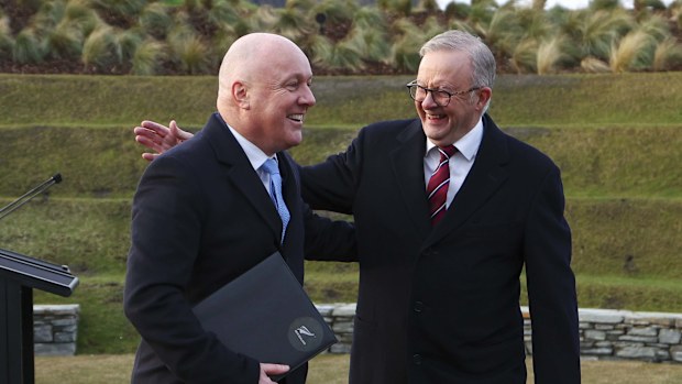 New Zealand Prime Minister Christopher Luxon and Australian Prime Minister Anthony Albanese leave after a press conference at Taramea on August 09, 2025 in Queenstown, New Zealand.
