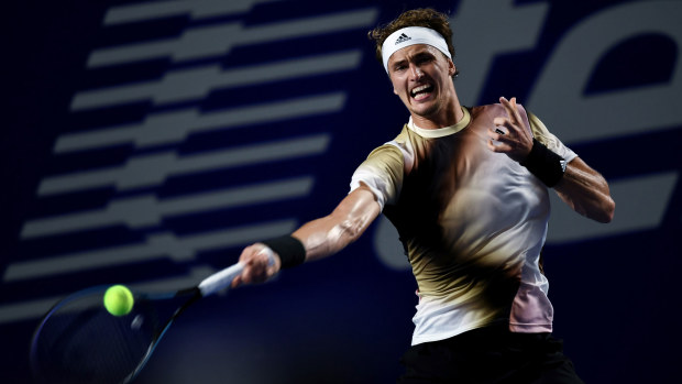 Alexander Zverev of Germany hits a return during men's singles first round match against Jenson Brooksby of the United States at the 2022 ATP Mexican Open tennis tournament in Acapulco, Mexico, Feb. 22, 2022. (Photo by Xin Yuewei/Xinhua via Getty Images)