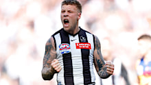 MELBOURNE, AUSTRALIA - SEPTEMBER 30: Jordan De Goey of the Magpies celebrates a goal during the 2023 AFL Grand Final match between the Collingwood Magpies and the Brisbane Lions at the Melbourne Cricket Ground on September 30, 2023 in Melbourne, Australia. (Photo by Dylan Burns/AFL Photos via Getty Images)