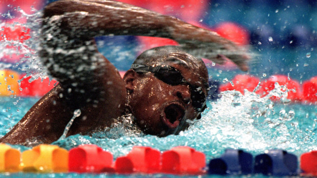 Eric 'the Eel' Moussambani of Equatorial Guinea in action during the men's 100m freestyle heats at the Sydney International Aquatic Centre on day four of the Sydney 2000 Olympic Games in Sydney, Australia. 