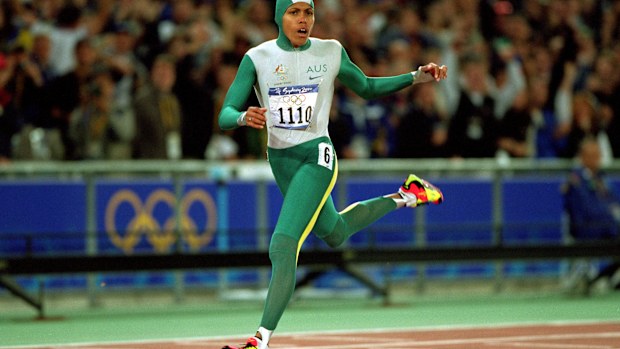 Cathy Freeman taking gold in the 400m at Sydney 2000.