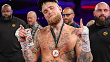 ORLANDO, FL - DECEMBER 15: Jake Paul reacts after knocking out Andre August in the first round during the Jake Paul v Andre August at the Caribe Royale Orlando on December 15 2023 in Orlando, Florida. (Photo by Alex Menendez/Getty Images)