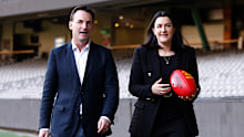 MELBOURNE, AUSTRALIA - AUGUST 28: Incoming AFL Chief Executive Andrew Dillon and newly appointed AFL Executive General Manager Football Laura Kane are seen during an AFL Media Opportunity at Marvel Stadium on August 28, 2023 in Melbourne, Australia. (Photo by Michael Willson/AFL Photos via Getty Images)