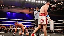 <p>Bakhram Murtazaliev walks to the corner after knocking down Tim Tszyu.</p><p>The Aussie had some time to recover as the doctor checked him over between rounds two and three, but it ultimately was not enough as Murtazaliev continued to hit his target.</p>