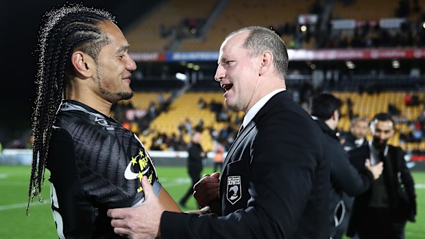 Martin Taupau and Michael Maguire pictured after a New Zealand Test match in 2018.