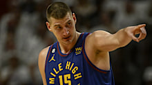 MIAMI, FL - JUNE 7: Nikola Jokic (15) of the Denver Nuggets points like a large general in the fourth quarter of the Nuggets' 104-94 win over the Miami Heat during Game 3 of the NBA Finals at the Kaseya Center in Miami on Wednesday, June 7, 2023. (Photo by AAron Ontiveroz/The Denver Post)
