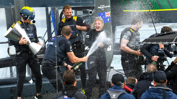 Australia's Sail GP team, helmed by Tom Slingsby, celebrate after winning the $1.4 million grand final in San Francisco.