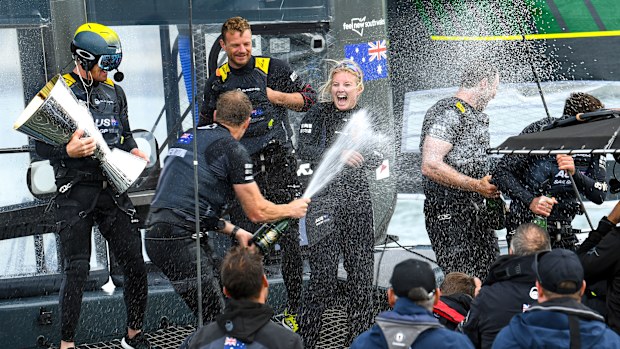 Australia's Sail GP team, helmed by Tom Slingsby, celebrate after winning the $1.4 million grand final in San Francisco.