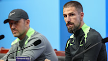 Milos Degenek addresses media.
