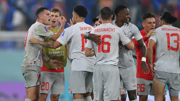 Granit Xhaka reacts after their 3-2 victory and qualification for the knockout stage after the FIFA World Cup Qatar 2022 Group G match between Serbia and Switzerland at Stadium 974 on December 02, 2022 in Doha, Qatar. (Photo by Justin Setterfield/Getty Images)
