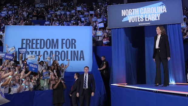 Democratic presidential nominee Vice President Kamala Harris arrives to speak at a campaign rally at East Carolina University