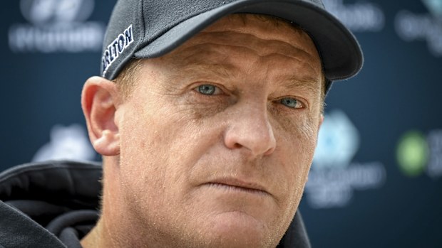 Michael Voss speaks to media at Ikon Park.
