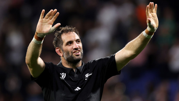 Sam Whitelock of New Zealand acknowledges the fans after overtaking Richie McCaw's record.