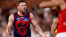 ADELAIDE, AUSTRALIA - APRIL 12: Steven May of the Demons speaks with the umpire during the 2025 AFL Round 05 match between the Melbourne Demons and the Essendon Bombers at Adelaide Oval on April 12, 2025 in Adelaide, Australia. (Photo by Michael Willson/AFL Photos via Getty Images)