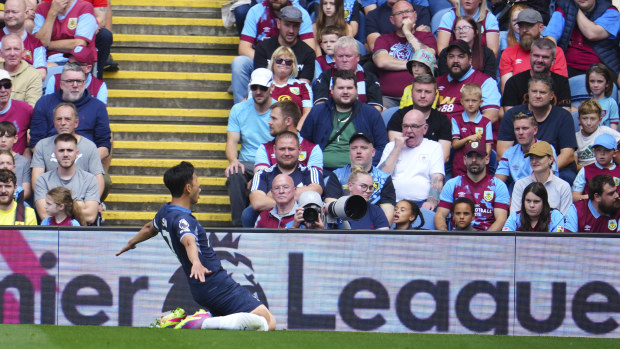 Son Heung-min celebrates after scoring his Tottenham's opening goal during their English Premier League match with Burnley.