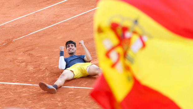 Carlos Alcaraz of Spain reacts after winning the Men's Singles Final against Alexander Zverev of Germany at Roland Garros on June 09, 2024 in Paris, France. (Photo by Stephane Cardinale - Corbis/Corbis via Getty Images)